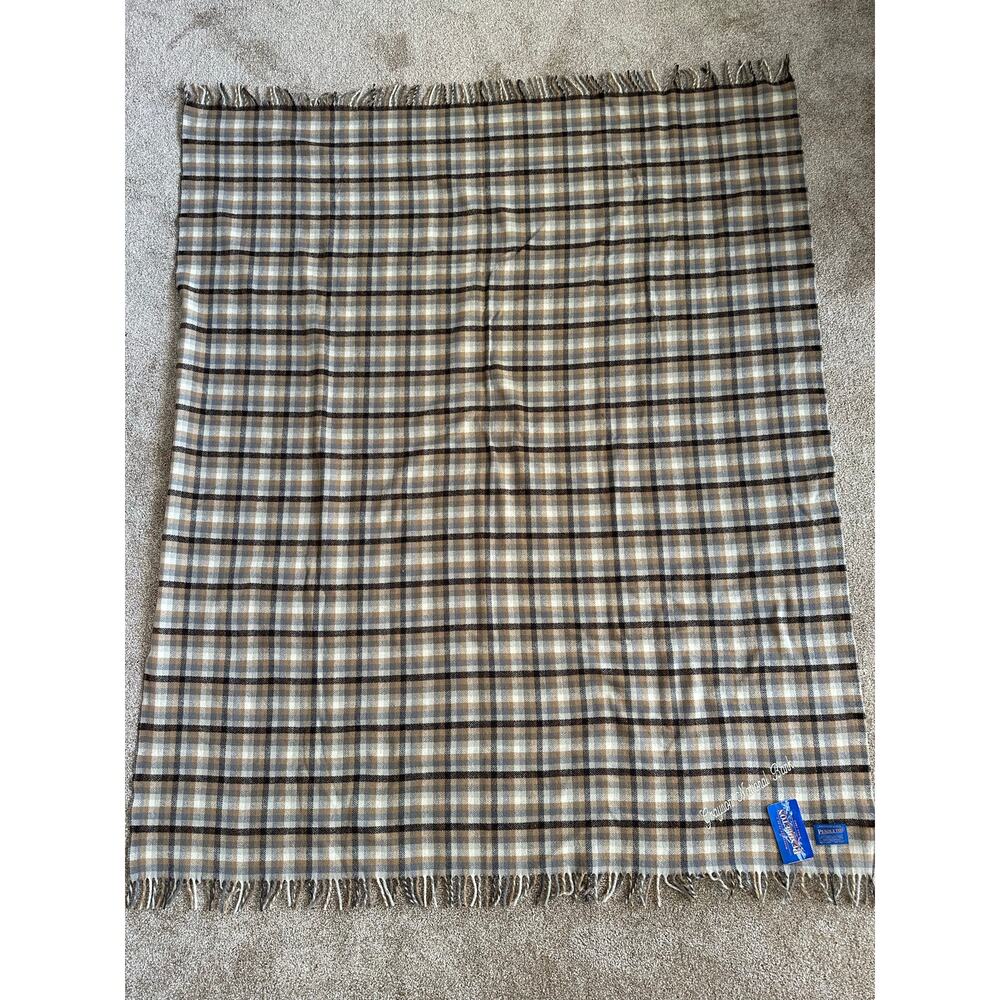 Pendleton Vintage 1990s Gray Tan Plaid Wool Fringe Blanket Deadstock 54” x 66”